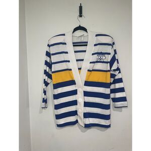 Vintage Ivory Intl Blue Yellow White Stripe Cardigan Big Button Y2K 80s Nautical
